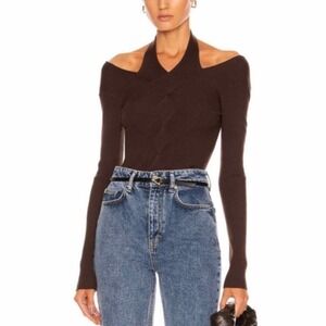 Jonathan Simkhai Leah Ribbed Cable Knit Wool Blend Sweater Chocolate